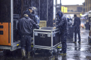 rainy load-in with motion labs travel cases